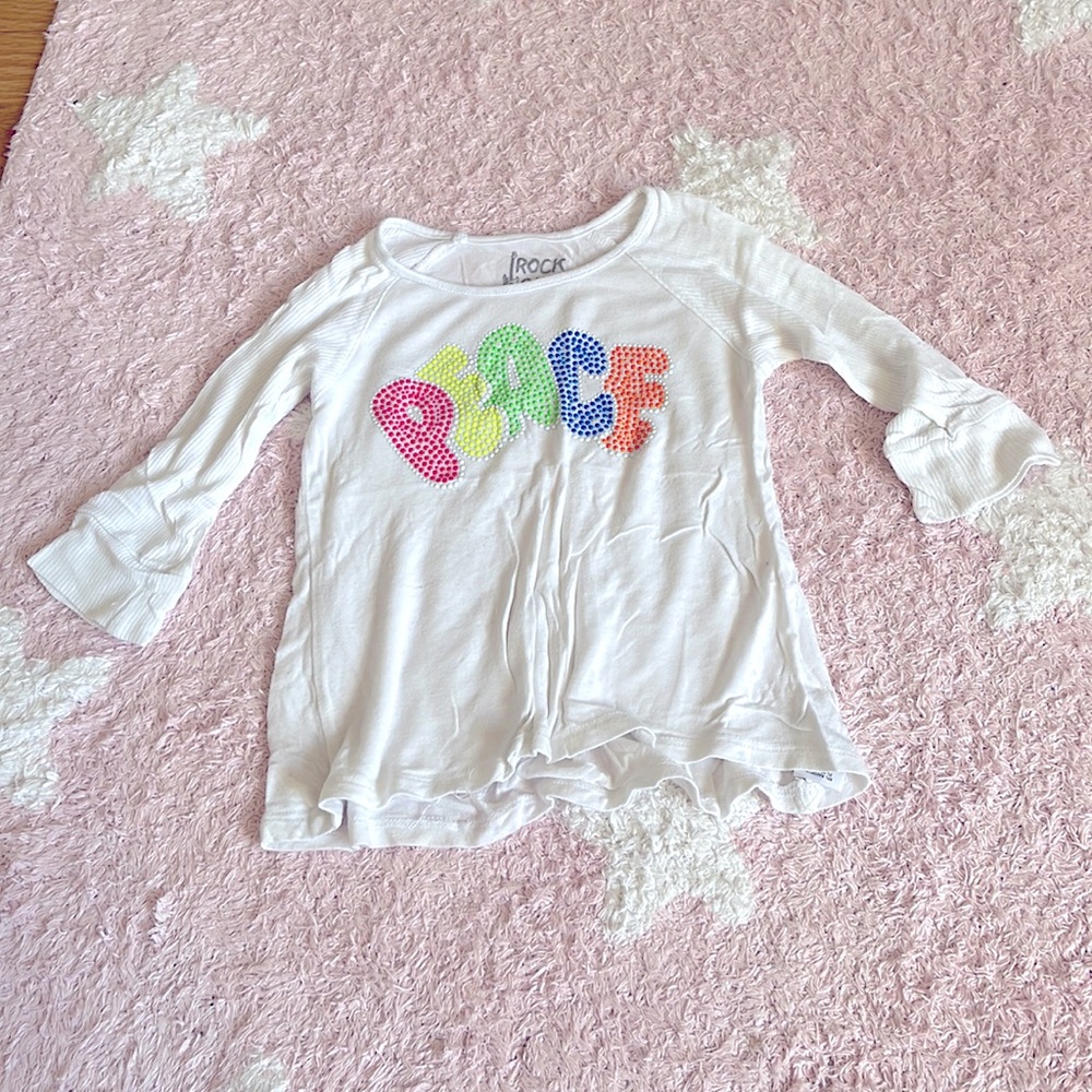 Rock and Candy Lester’s white Long sleeve super soft white shirt with neon peace
